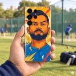 Virat Kohli illustrated mobile skin in orange and blue, handheld practice ground view