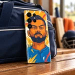 Virat Kohli illustrated mobile skin in orange and blue, clubhouse bench angle
