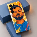 Virat Kohli illustrated mobile skin in orange and blue, blue block studio detail