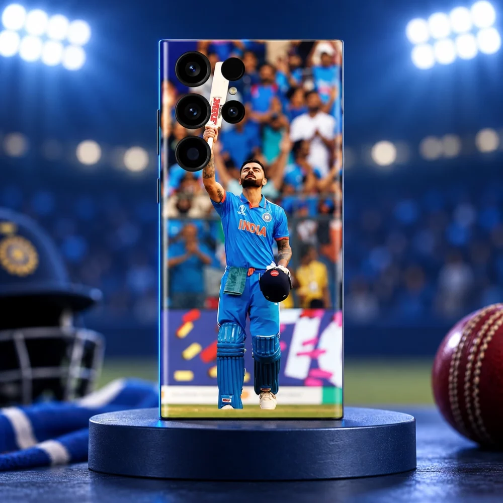Virat Kohli Photo Mobile Skin with raised bat and blue India jersey, blue stadium hero