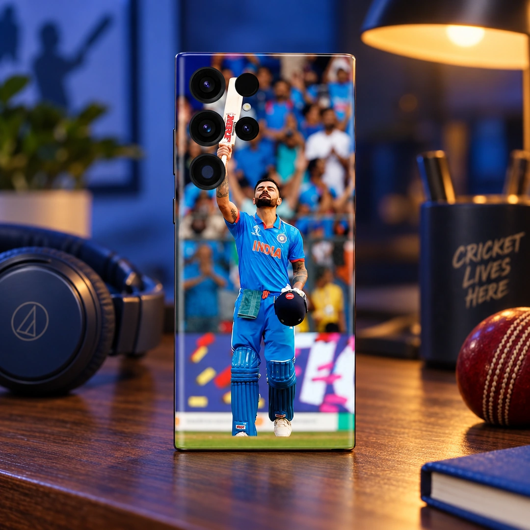 Virat Kohli Photo Mobile Skin - Evening Fan Desk Virat Kohli Photo Mobile Skin with raised bat and blue India jersey, evening fan desk