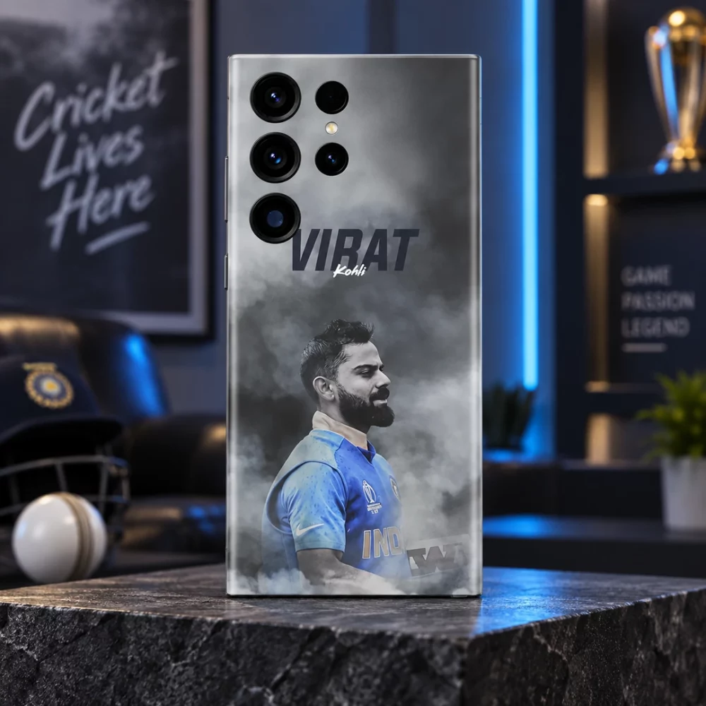 Virat Kohli smoky grey portrait mobile skin with blue jersey in blue lounge hero setting