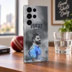 Virat Kohli smoky grey portrait mobile skin with blue jersey in walnut table angle setting