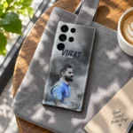 Virat Kohli smoky grey portrait mobile skin with blue jersey in cafe lifestyle setting