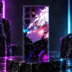 White-haired anime boy mobile skin with cyan eyes and purple artwork, neon studio hero