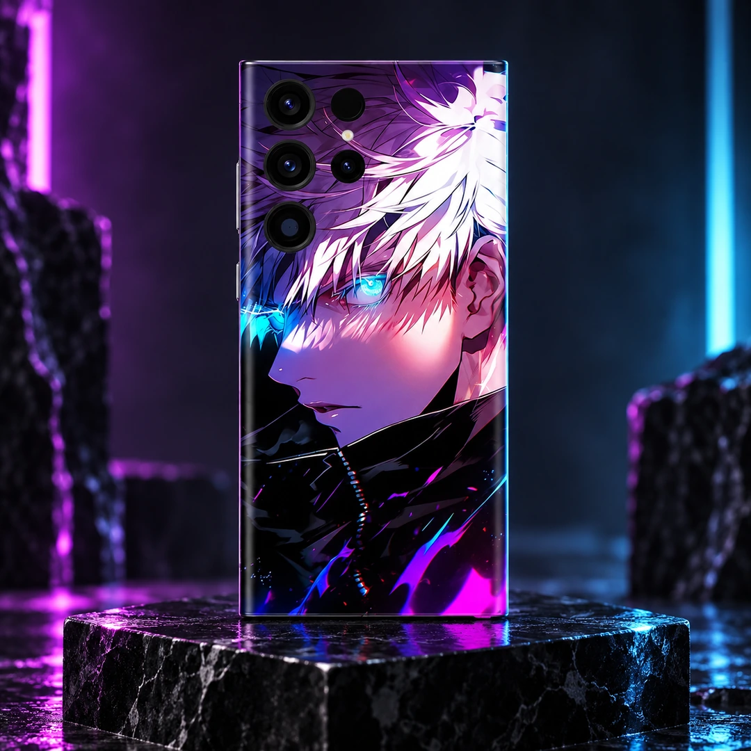 White-Haired Anime Boy Neon Mobile Skin - Neon studio hero White-haired anime boy mobile skin with cyan eyes and purple artwork, neon studio hero