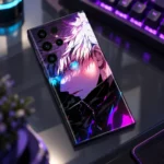 White-haired anime boy mobile skin with cyan eyes and purple artwork, gaming desk angle