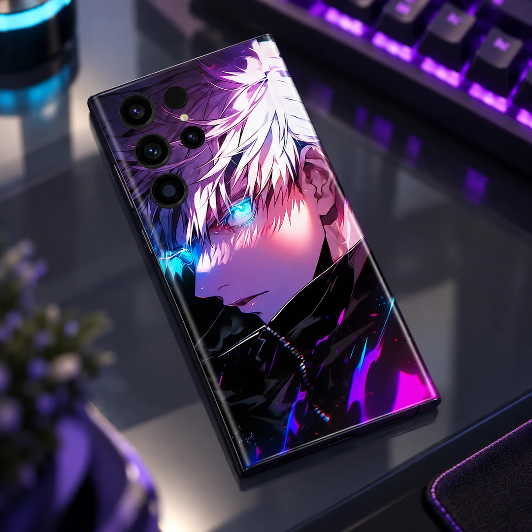 White-Haired Anime Boy Neon Mobile Skin - Gaming desk angle White-haired anime boy mobile skin with cyan eyes and purple artwork, gaming desk angle