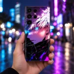 White-haired anime boy mobile skin with cyan eyes and purple artwork, night city handheld view