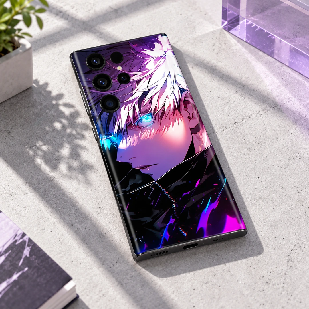 White-Haired Anime Boy Neon Mobile Skin - Daylight desk view White-haired anime boy mobile skin with cyan eyes and purple artwork, daylight desk view