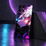 White-haired anime boy mobile skin with cyan eyes and purple artwork, violet spotlight side angle