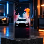 White sports car mobile skin with orange purple and cyan smoke artwork, performance garage hero