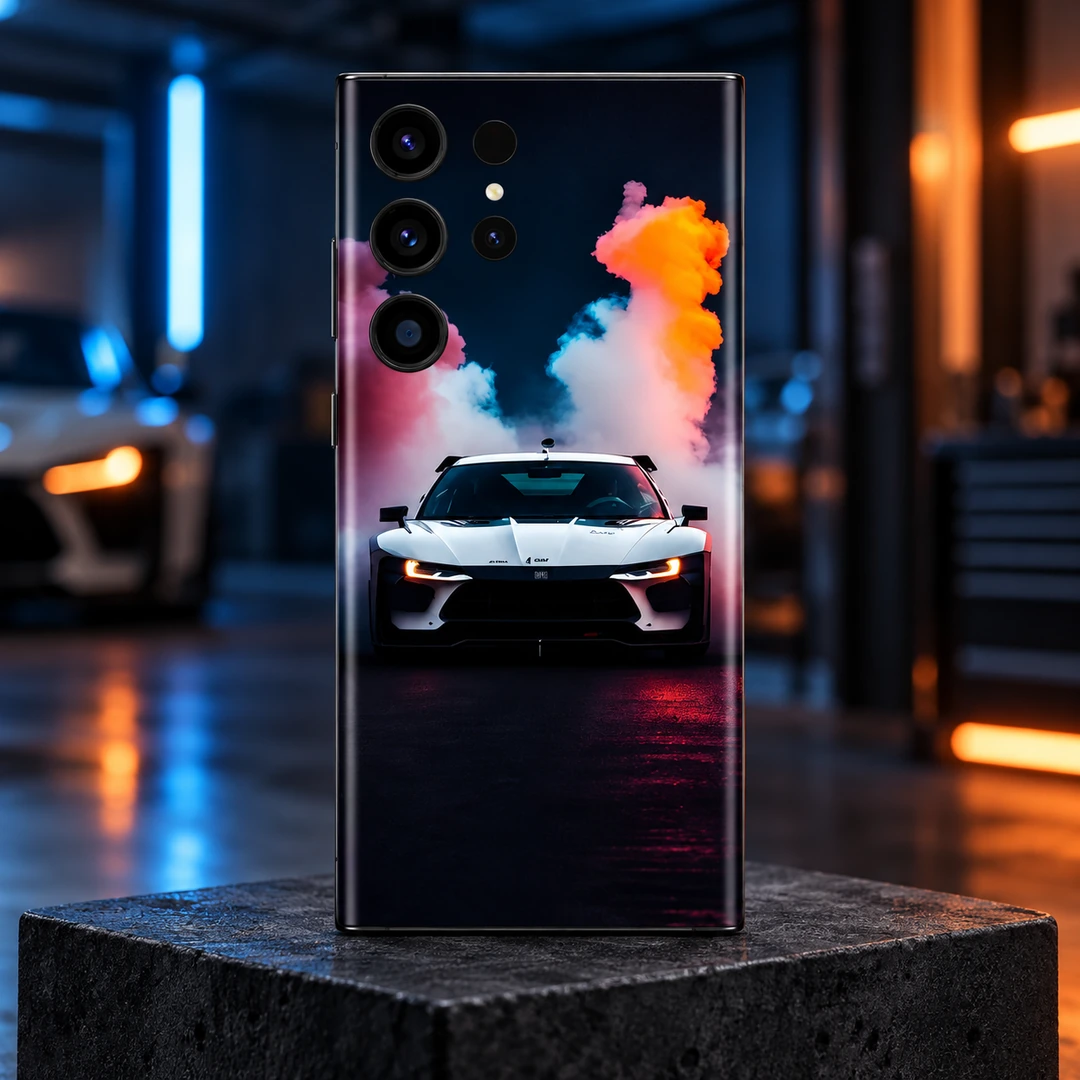 White Sports Car Mobile Skin - Performance Garage Hero White sports car mobile skin with orange purple and cyan smoke artwork, performance garage hero