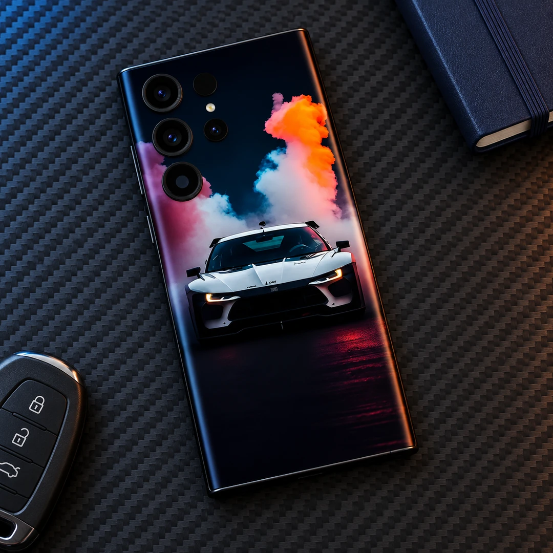 White Sports Car Mobile Skin - Carbon Flatlay White sports car mobile skin with orange purple and cyan smoke artwork, carbon flatlay