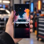 White sports car mobile skin with orange purple and cyan smoke artwork, garage handheld