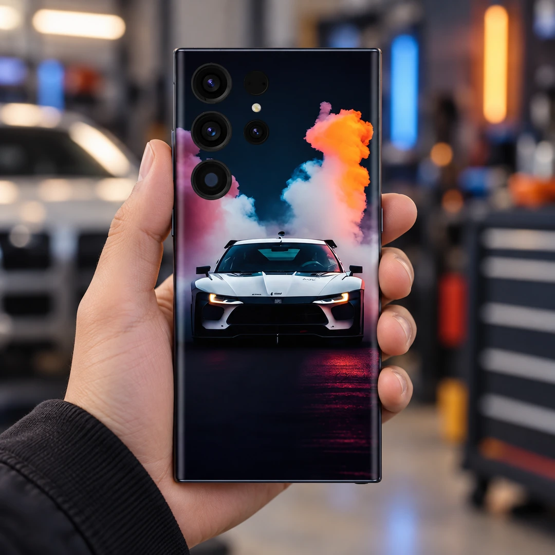 White Sports Car Mobile Skin - Garage Handheld White sports car mobile skin with orange purple and cyan smoke artwork, garage handheld