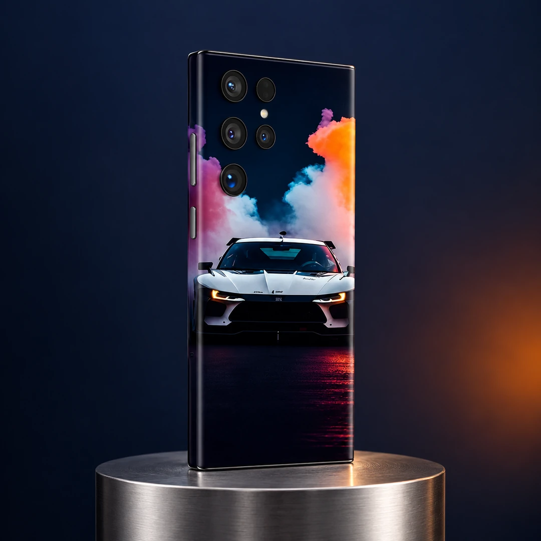 White Sports Car Mobile Skin - Metal Studio Angle White sports car mobile skin with orange purple and cyan smoke artwork, metal studio angle