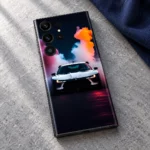 White sports car mobile skin with orange purple and cyan smoke artwork, stone detail