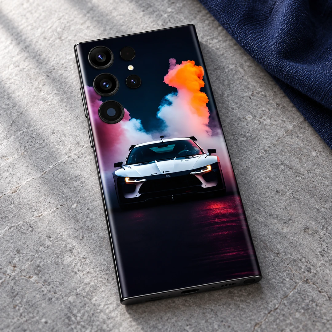 White Sports Car Mobile Skin - Stone Detail White sports car mobile skin with orange purple and cyan smoke artwork, stone detail