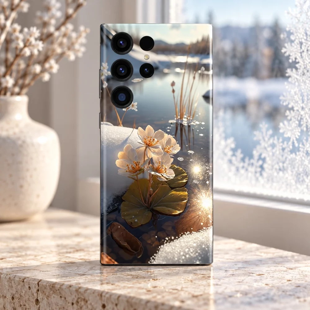 Winter lake mobile skin with cream-white flowers, snowy banks and golden water reflections, frosted window hero view