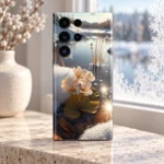 Winter lake mobile skin with cream-white flowers, snowy banks and golden water reflections, frosted window hero view