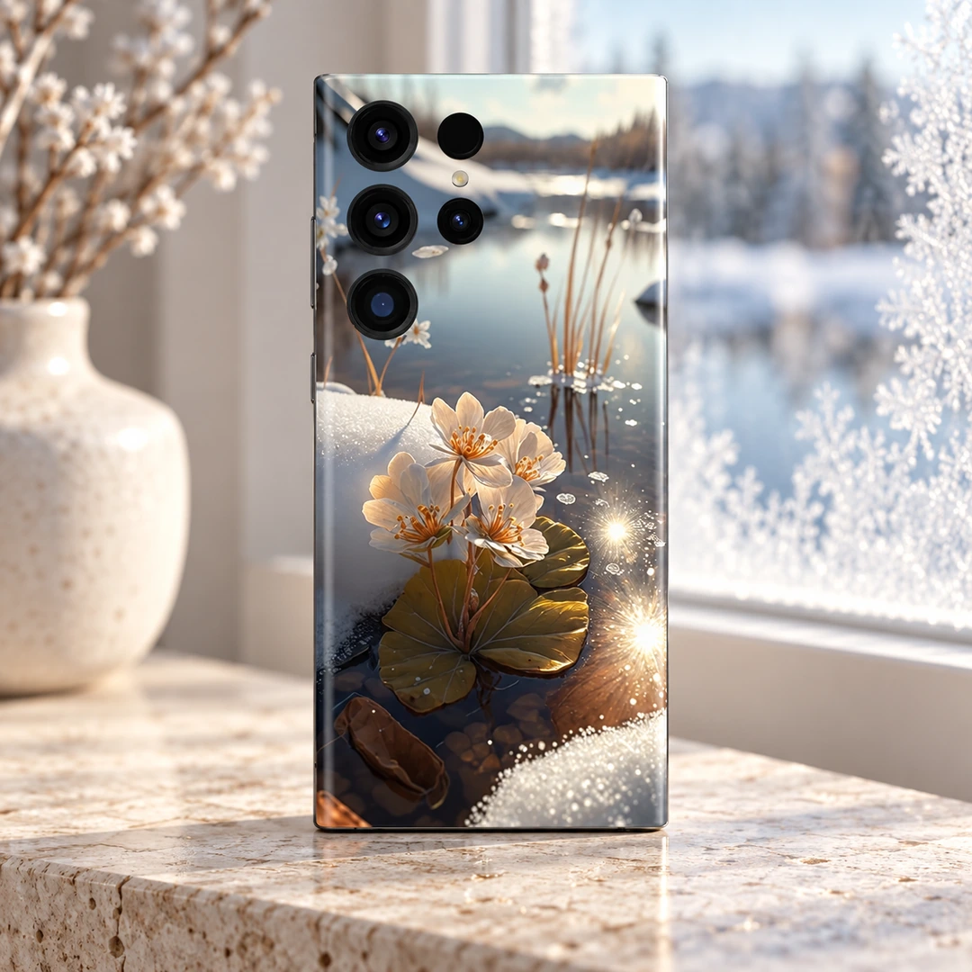 Winter Lake White Flowers Mobile Skin - Frosted Window Hero Winter lake mobile skin with cream-white flowers, snowy banks and golden water reflections, frosted window hero view