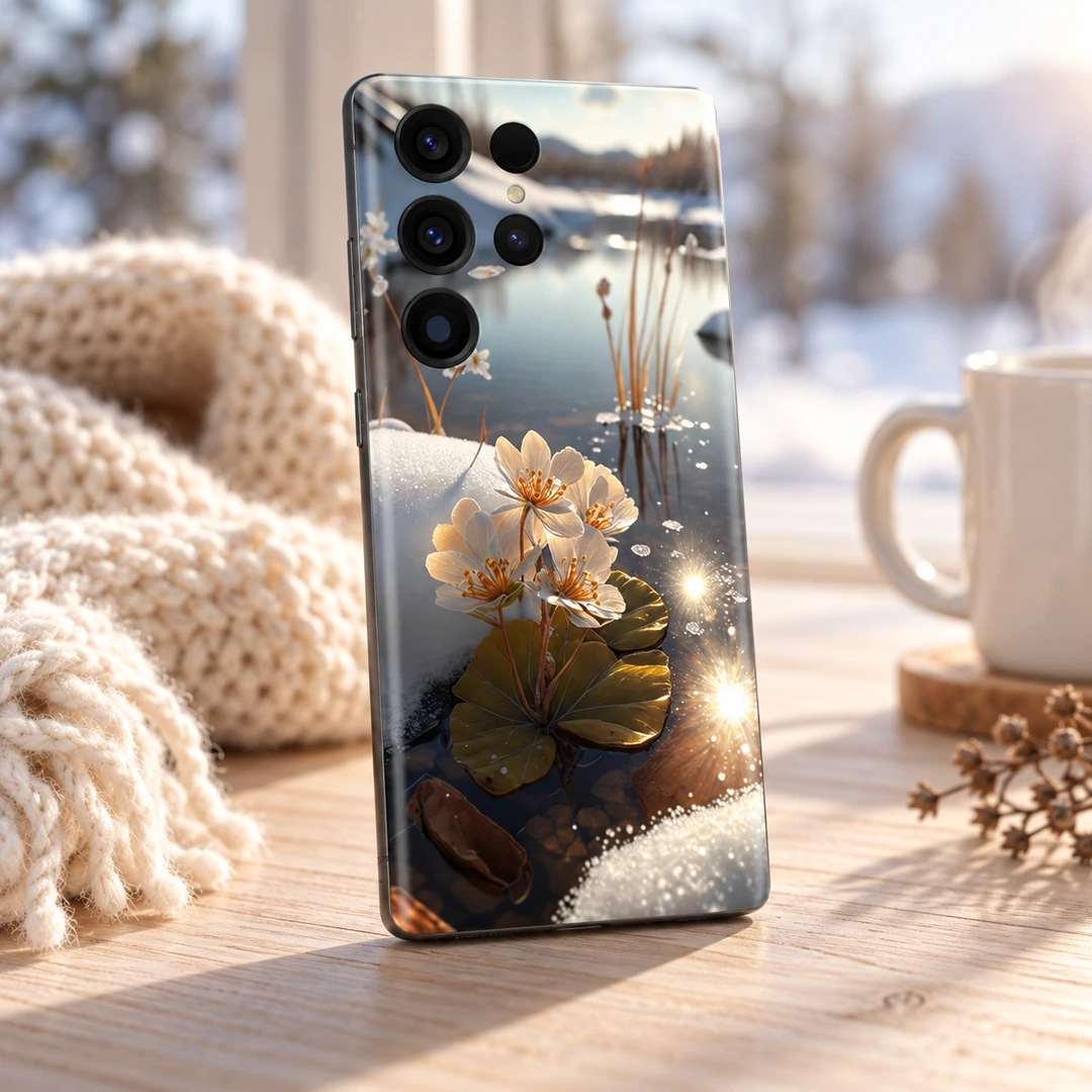 Winter Lake White Flowers Mobile Skin - Cozy Winter Lifestyle Winter lake mobile skin with cream-white flowers, snowy banks and golden water reflections, cozy winter lifestyle view