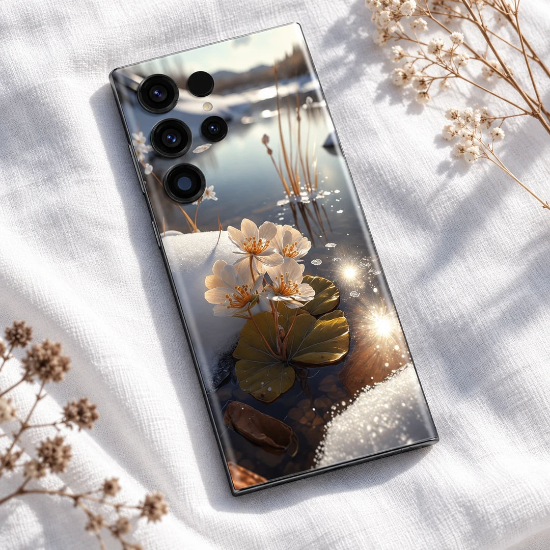 Winter Lake White Flowers Mobile Skin - Linen Flat Lay Winter lake mobile skin with cream-white flowers, snowy banks and golden water reflections, linen flat lay view