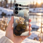 Winter lake mobile skin with cream-white flowers, snowy banks and golden water reflections, winter handheld view