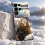 Winter lake mobile skin with cream-white flowers, snowy banks and golden water reflections, stone studio detail view