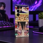 Anime Eyes Pixel Art Mobile Skin shown angled gaming desk view