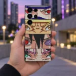 Anime Eyes Pixel Art Mobile Skin shown handheld city view