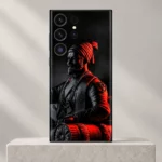Chhatrapati Shivaji Maharaj mobile skin with black statue portrait and red turban, ivory studio hero