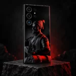 Chhatrapati Shivaji Maharaj mobile skin with black statue portrait and red turban, red studio angle