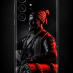 Chhatrapati Shivaji Maharaj mobile skin with black statue portrait and red turban, portrait detail