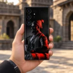 Chhatrapati Shivaji Maharaj mobile skin with black statue portrait and red turban, in-hand lifestyle