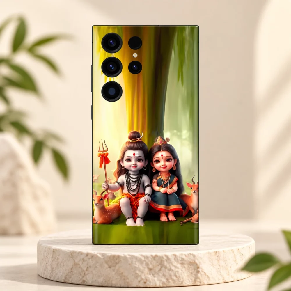 Cute Mahadev Parvati forest mobile skin with Shiva Parvati and deer on an ivory pedestal