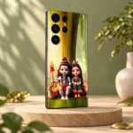 Cute Shiva Parvati forest mobile skin on pale wood with sage and golden leaf shadows