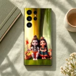 Mahadev with Parvatiji forest mobile skin on sage linen beside a notebook and cup