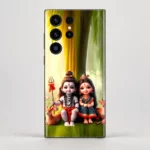 Close view of cute Shiva Parvati and deer artwork on green forest mobile skin