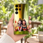 Cute Mahadev Parvati forest mobile skin held in a bright garden cafe