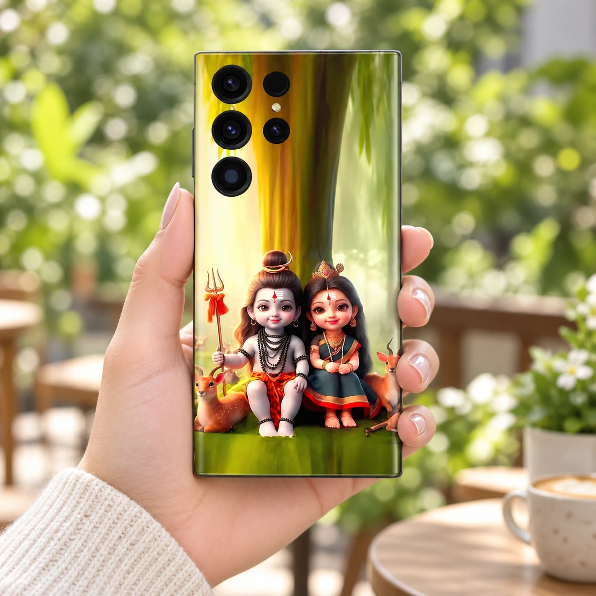 Cute Mahadev Parvati Forest Mobile Skin - Garden cafe in-hand Cute Mahadev Parvati forest mobile skin held in a bright garden cafe
