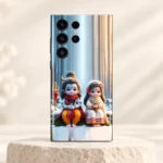 Cute Mahadev with Parvatiji winter mobile skin with blue Shiva and white-clad Parvati on an ivory pedestal