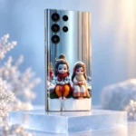 Cute Shiva Parvati winter mobile skin in a pale blue frosted studio