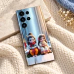 Cute Mahadev Parvati mobile skin on cream knit fabric and pale stone