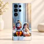 Close view of cute Shiva and Parvati characters in a snowy winter scene on mobile skin