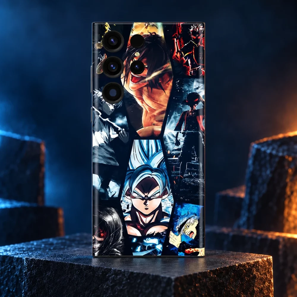 Dark Anime Character Collage Mobile Skin shown cinematic graphite studio hero