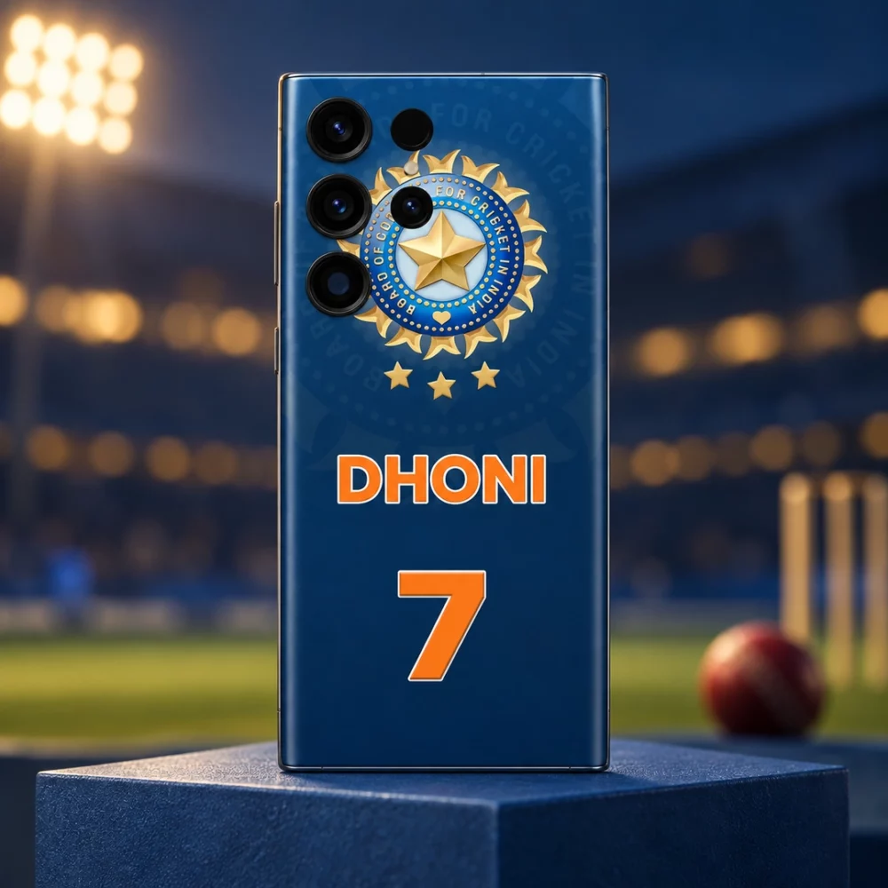 Blue Dhoni 7 mobile skin with orange lettering and gold cricket crest, stadium hero