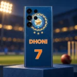 Blue Dhoni 7 mobile skin with orange lettering and gold cricket crest, stadium hero