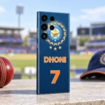 Blue Dhoni 7 mobile skin with orange lettering and gold cricket crest, ground side angle